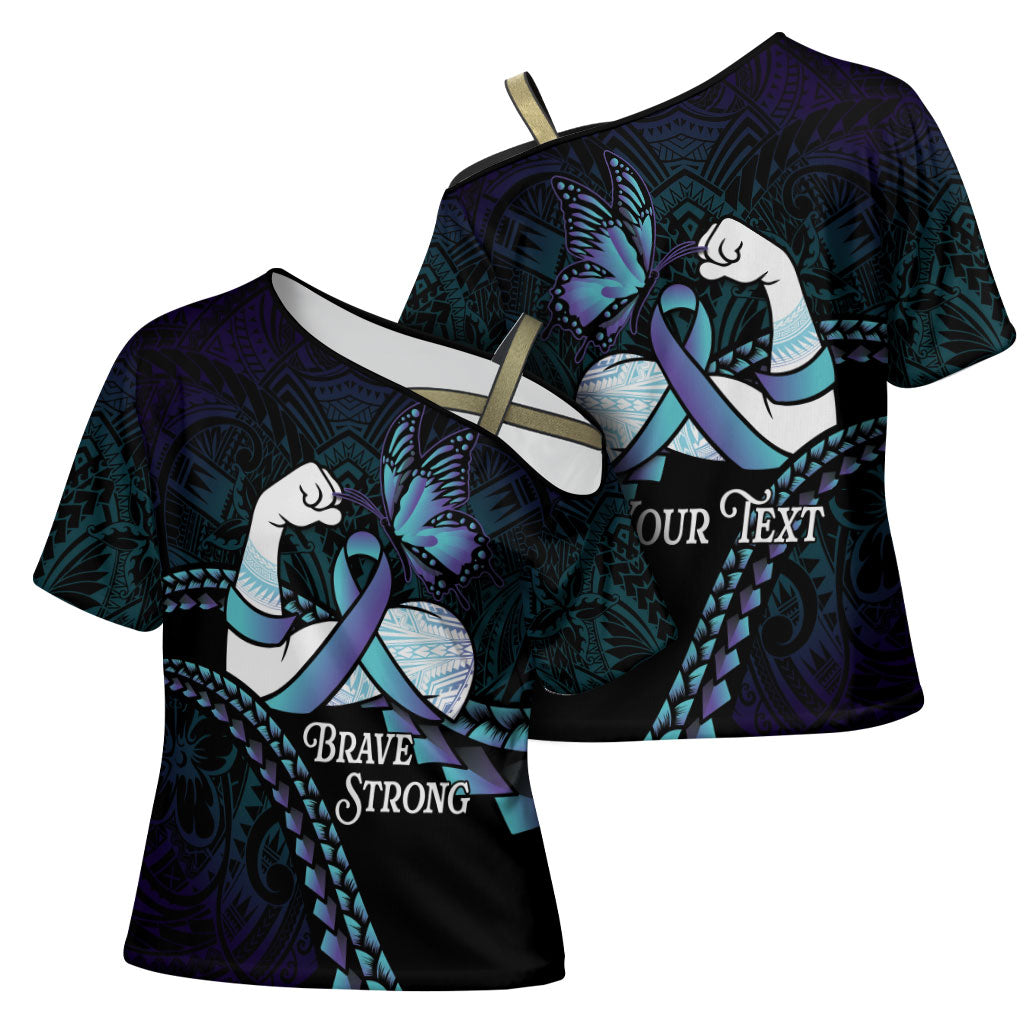 Personalised Polynesia Suicide Prevention Month Cross Shoulder Shirt Brave Strong Butterfly Teal Purple Ribbon