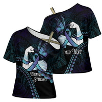 Personalised Polynesia Suicide Prevention Month Cross Shoulder Shirt Brave Strong Butterfly Teal Purple Ribbon