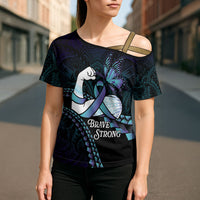 Personalised Polynesia Suicide Prevention Month Cross Shoulder Shirt Brave Strong Butterfly Teal Purple Ribbon