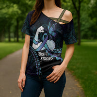 Personalised Polynesia Suicide Prevention Month Cross Shoulder Shirt Brave Strong Butterfly Teal Purple Ribbon