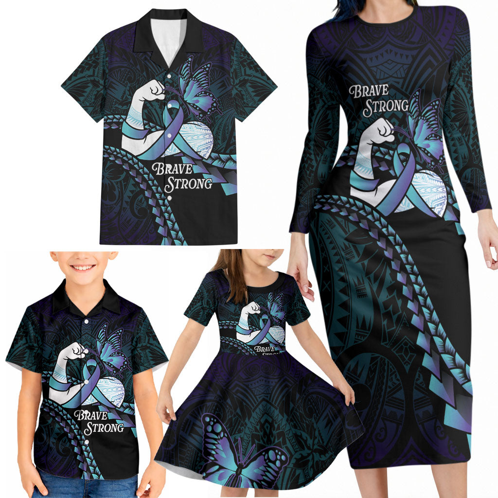 Personalised Polynesia Suicide Prevention Month Family Matching Long Sleeve Bodycon Dress and Hawaiian Shirt Brave Strong Butterfly Teal Purple Ribbon