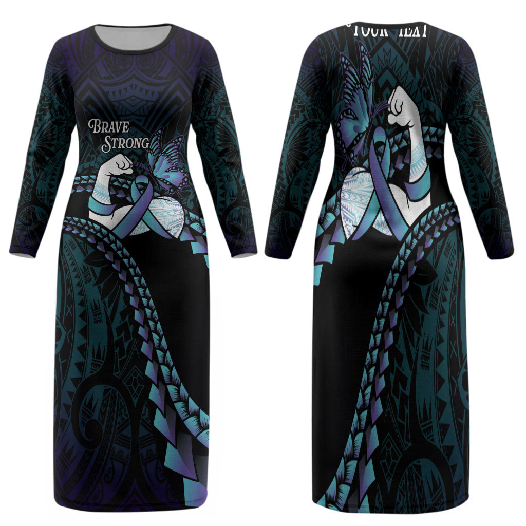 Personalised Polynesia Suicide Prevention Month Family Matching Long Sleeve Bodycon Dress and Hawaiian Shirt Brave Strong Butterfly Teal Purple Ribbon