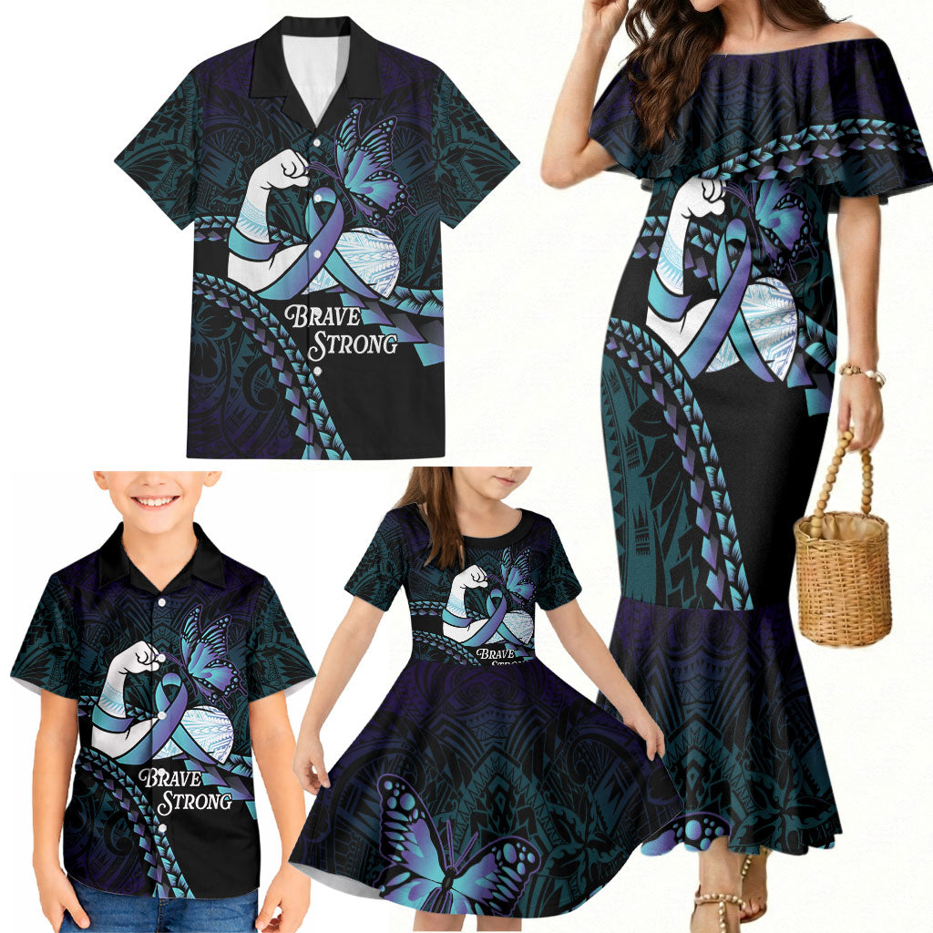 Personalised Polynesia Suicide Prevention Month Family Matching Mermaid Dress and Hawaiian Shirt Brave Strong Butterfly Teal Purple Ribbon