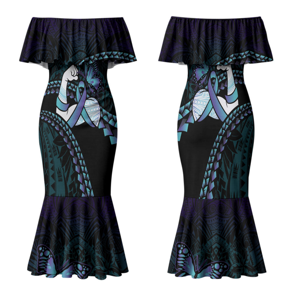 Personalised Polynesia Suicide Prevention Month Family Matching Mermaid Dress and Hawaiian Shirt Brave Strong Butterfly Teal Purple Ribbon