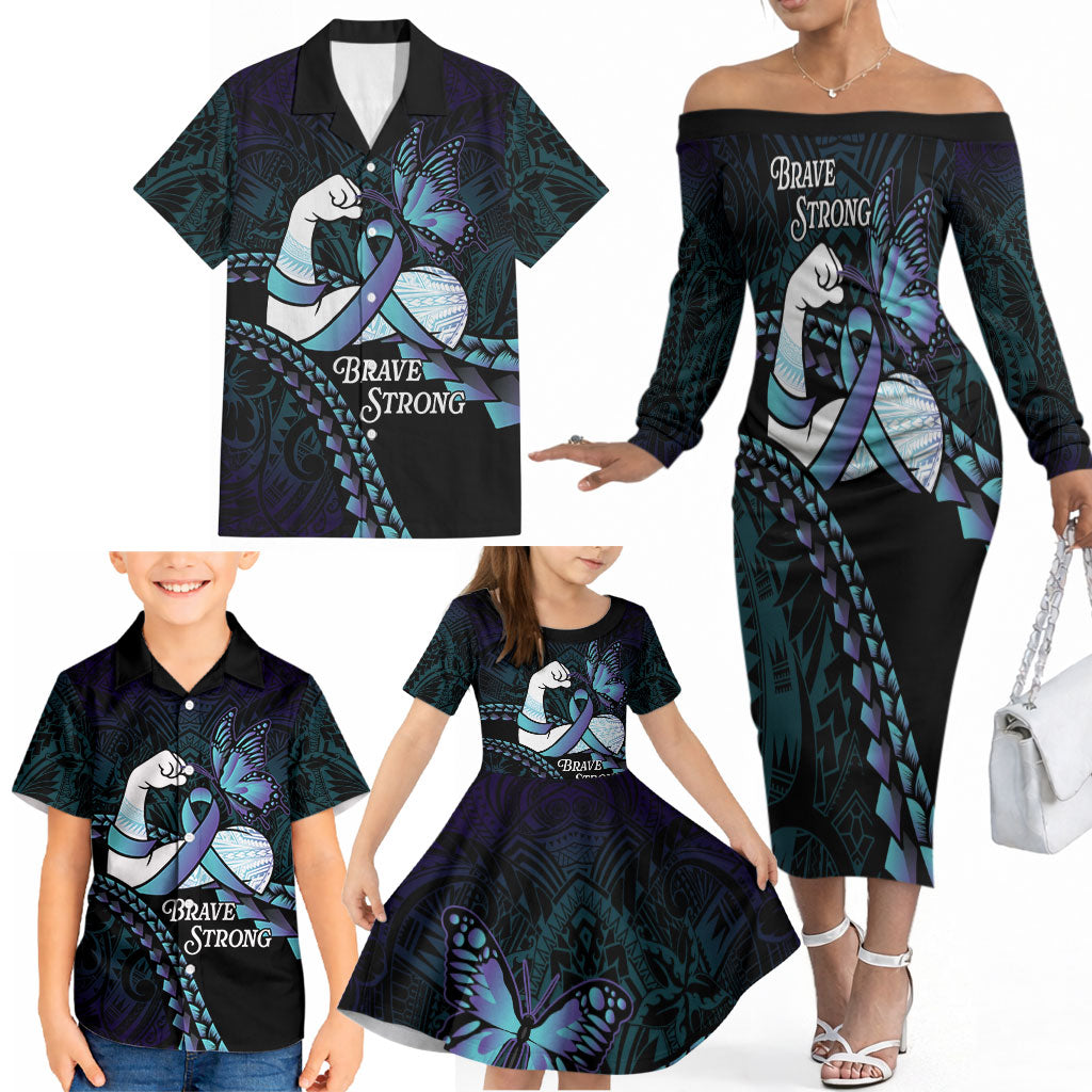 Personalised Polynesia Suicide Prevention Month Family Matching Off The Shoulder Long Sleeve Dress and Hawaiian Shirt Brave Strong Butterfly Teal Purple Ribbon