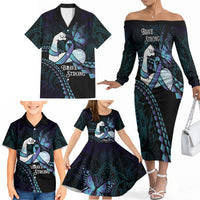 Personalised Polynesia Suicide Prevention Month Family Matching Off The Shoulder Long Sleeve Dress and Hawaiian Shirt Brave Strong Butterfly Teal Purple Ribbon
