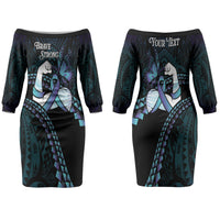 Personalised Polynesia Suicide Prevention Month Family Matching Off The Shoulder Long Sleeve Dress and Hawaiian Shirt Brave Strong Butterfly Teal Purple Ribbon