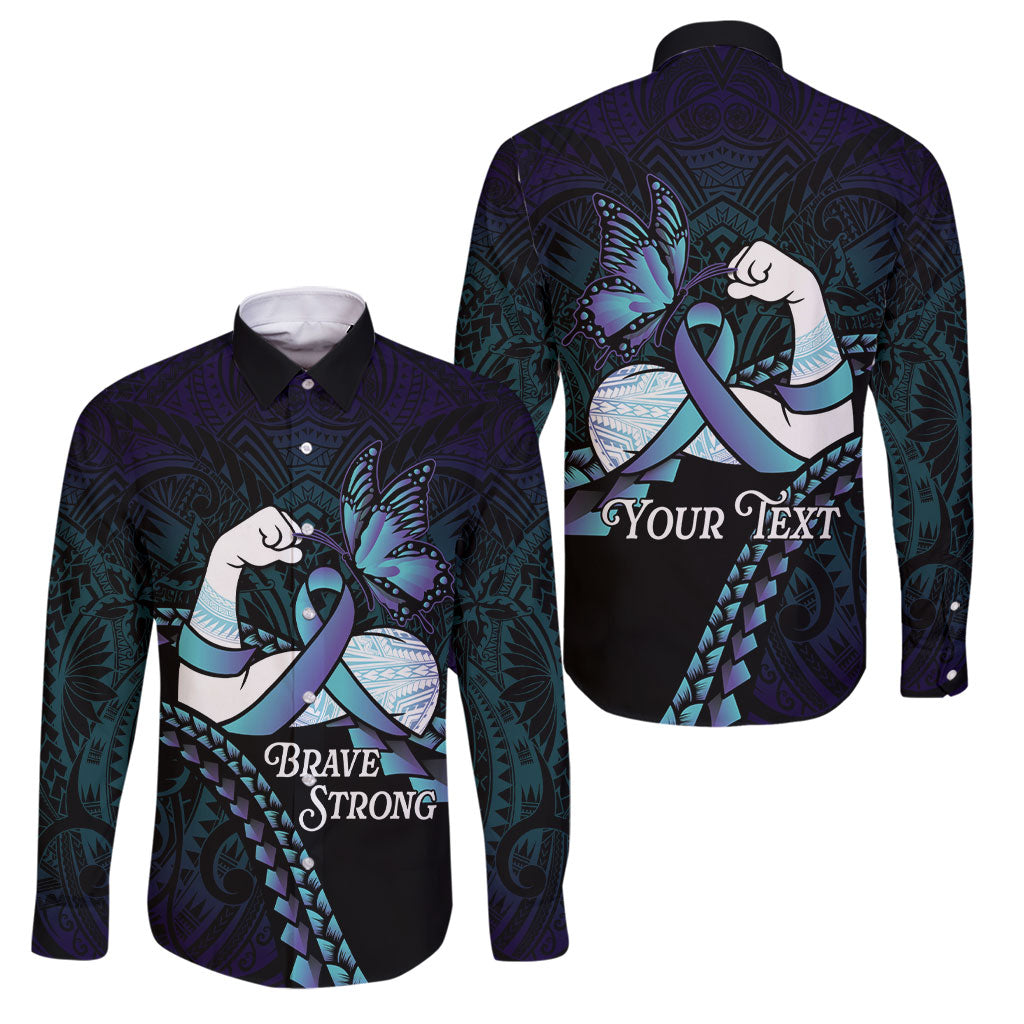 Personalised Polynesia Suicide Prevention Month Family Matching Off The Shoulder Long Sleeve Dress and Hawaiian Shirt Brave Strong Butterfly Teal Purple Ribbon