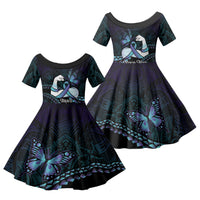 Personalised Polynesia Suicide Prevention Month Family Matching Off The Shoulder Long Sleeve Dress and Hawaiian Shirt Brave Strong Butterfly Teal Purple Ribbon