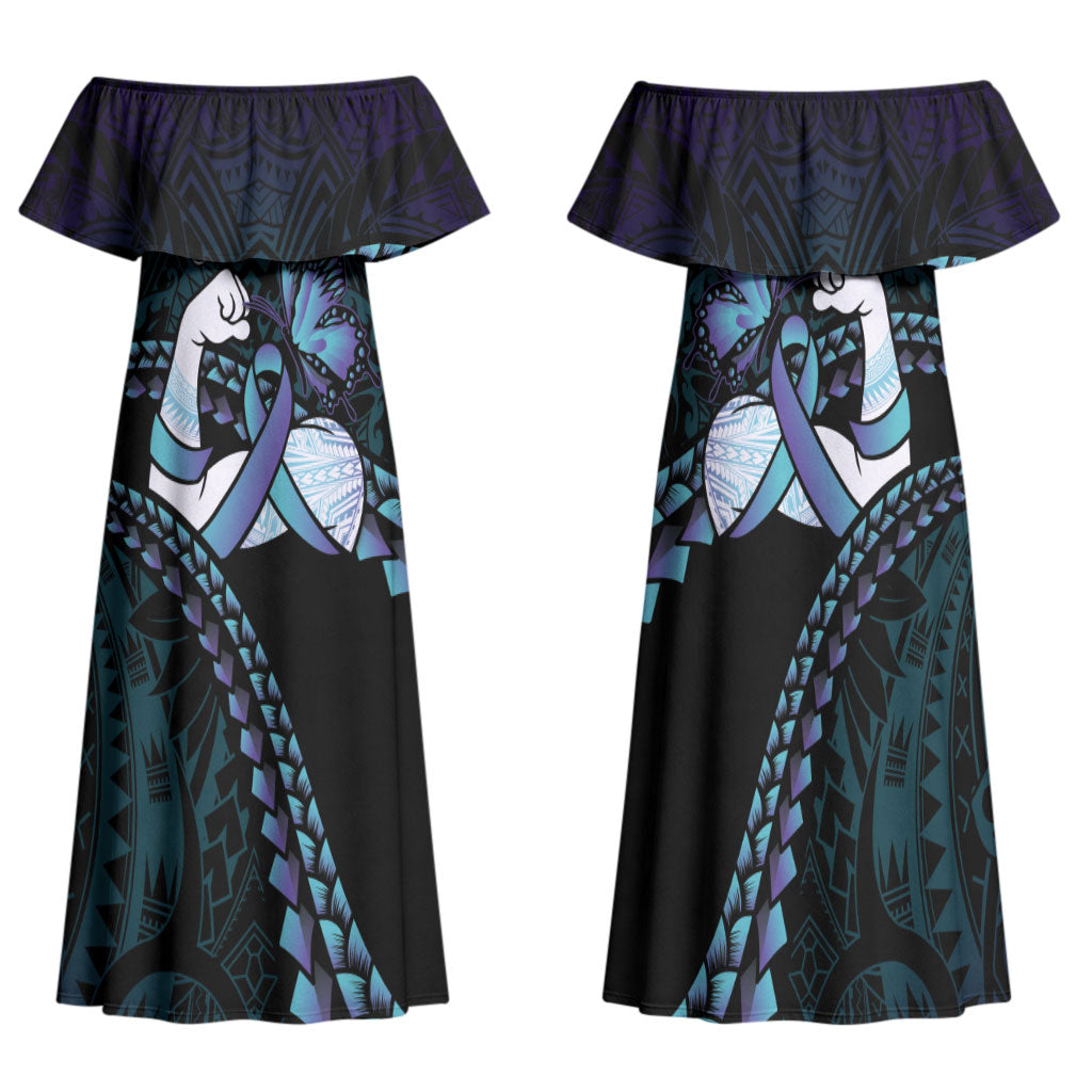 Personalised Polynesia Suicide Prevention Month Family Matching Off Shoulder Maxi Dress and Hawaiian Shirt Brave Strong Butterfly Teal Purple Ribbon