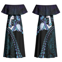 Personalised Polynesia Suicide Prevention Month Family Matching Off Shoulder Maxi Dress and Hawaiian Shirt Brave Strong Butterfly Teal Purple Ribbon