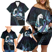 Personalised Polynesia Suicide Prevention Month Family Matching Off Shoulder Short Dress and Hawaiian Shirt Brave Strong Butterfly Teal Purple Ribbon