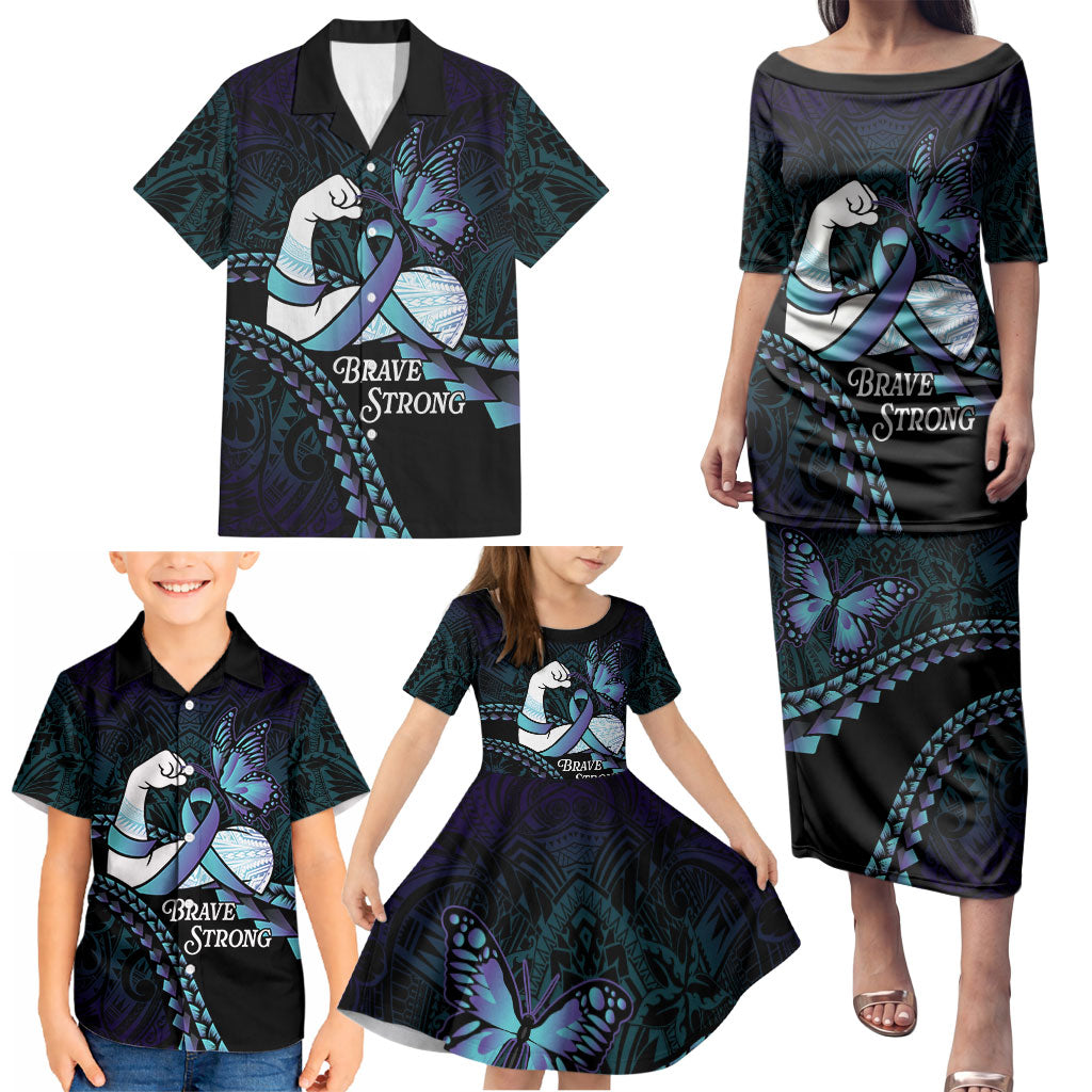 Personalised Polynesia Suicide Prevention Month Family Matching Puletasi and Hawaiian Shirt Brave Strong Butterfly Teal Purple Ribbon