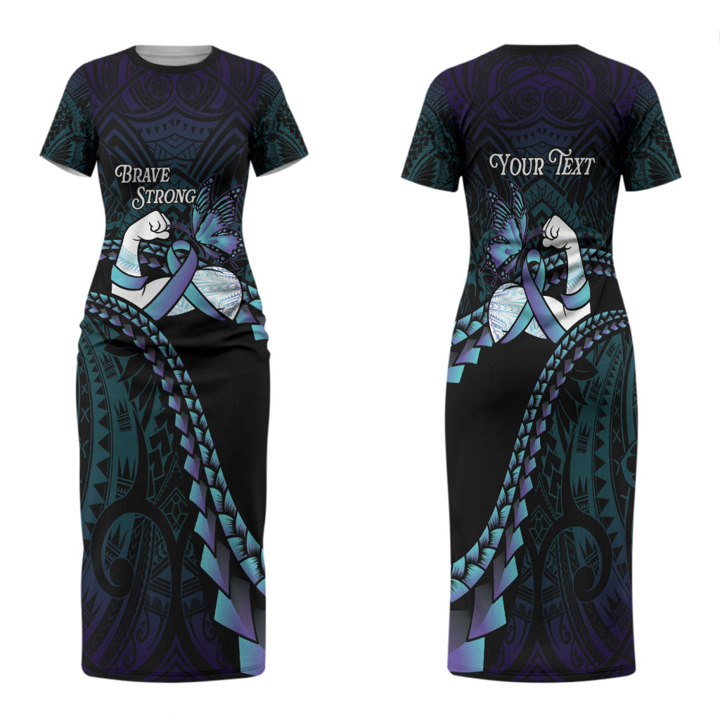 Personalised Polynesia Suicide Prevention Month Family Matching Short Sleeve Bodycon Dress and Hawaiian Shirt Brave Strong Butterfly Teal Purple Ribbon