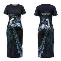Personalised Polynesia Suicide Prevention Month Family Matching Short Sleeve Bodycon Dress and Hawaiian Shirt Brave Strong Butterfly Teal Purple Ribbon