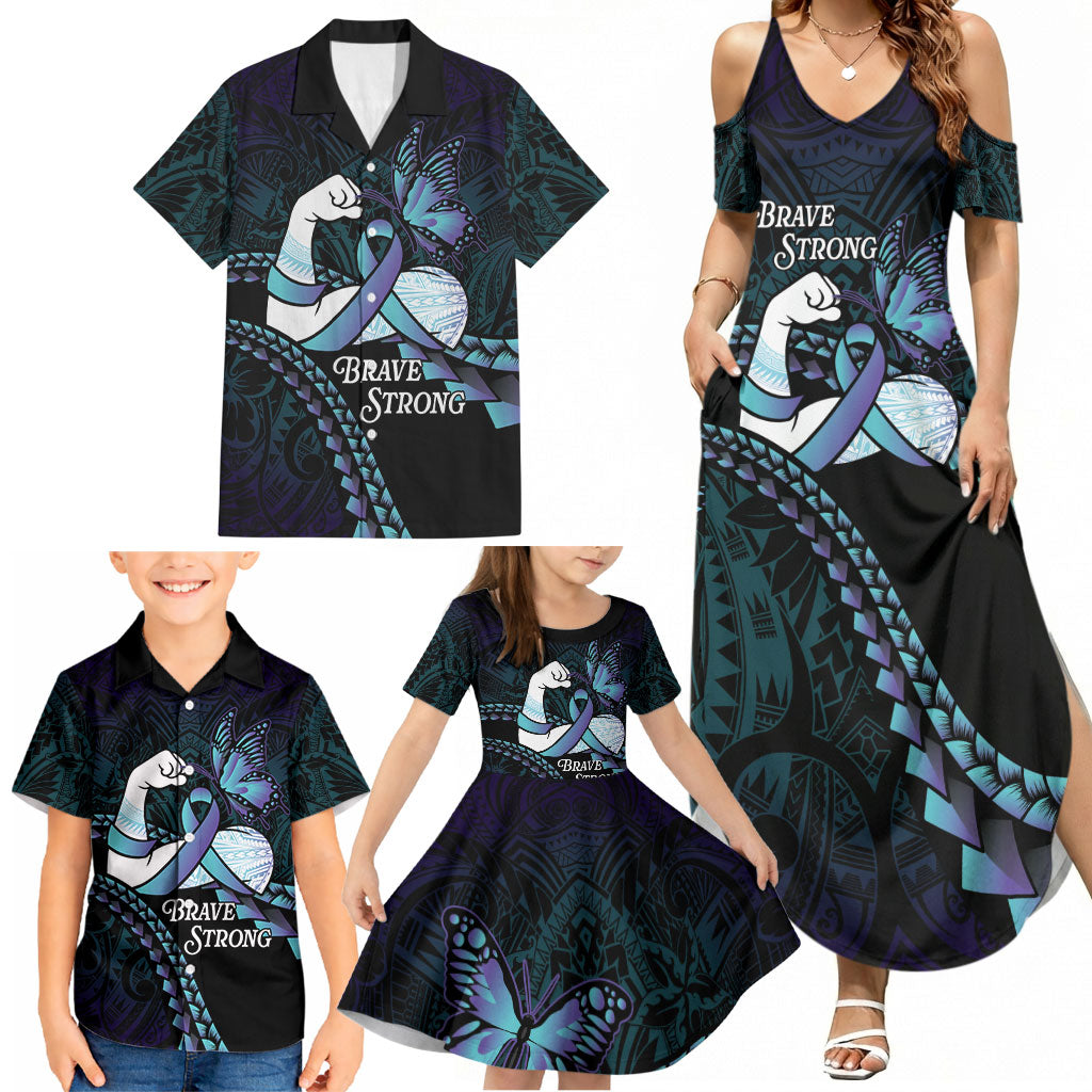 Personalised Polynesia Suicide Prevention Month Family Matching Summer Maxi Dress and Hawaiian Shirt Brave Strong Butterfly Teal Purple Ribbon