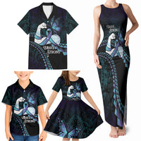 Personalised Polynesia Suicide Prevention Month Family Matching Tank Maxi Dress and Hawaiian Shirt Brave Strong Butterfly Teal Purple Ribbon