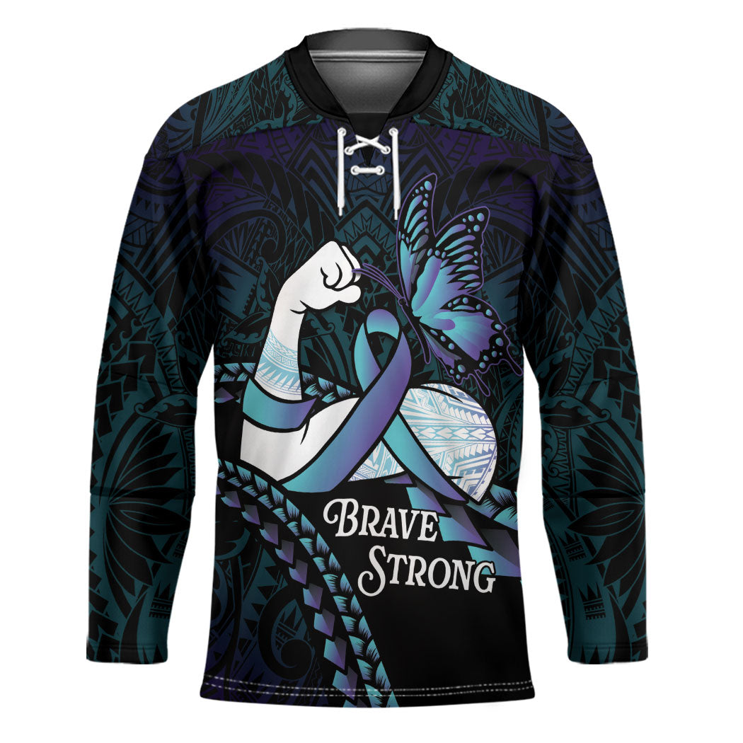 Personalised Polynesia Suicide Prevention Month Hockey Jersey Brave Strong Butterfly Teal Purple Ribbon