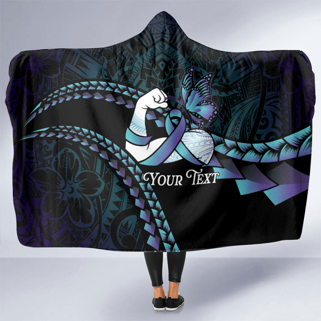 Personalised Polynesia Suicide Prevention Month Hooded Blanket Brave Strong Butterfly Teal Purple Ribbon