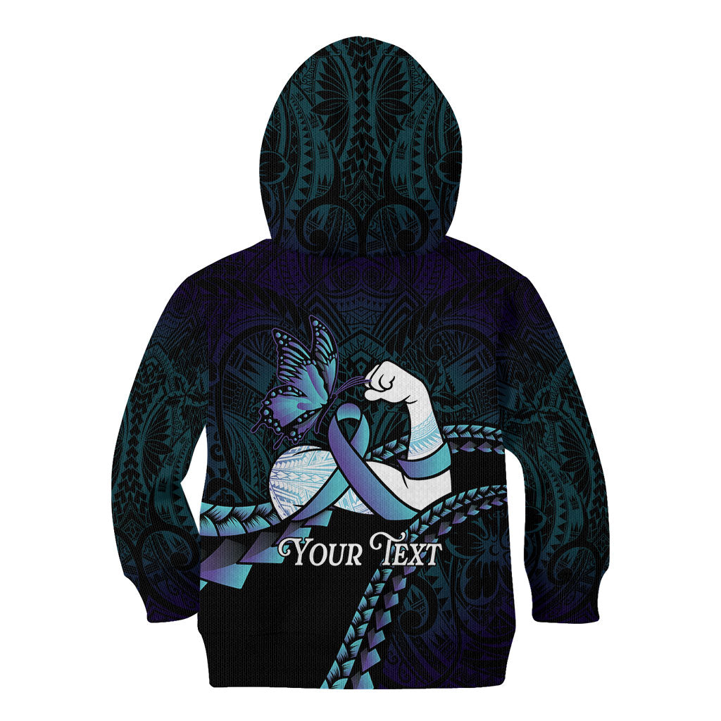 Personalised Polynesia Suicide Prevention Month Kid Hoodie Brave Strong Butterfly Teal Purple Ribbon