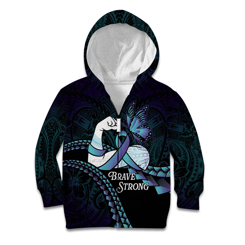 Personalised Polynesia Suicide Prevention Month Kid Hoodie Brave Strong Butterfly Teal Purple Ribbon