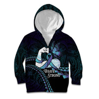 Personalised Polynesia Suicide Prevention Month Kid Hoodie Brave Strong Butterfly Teal Purple Ribbon