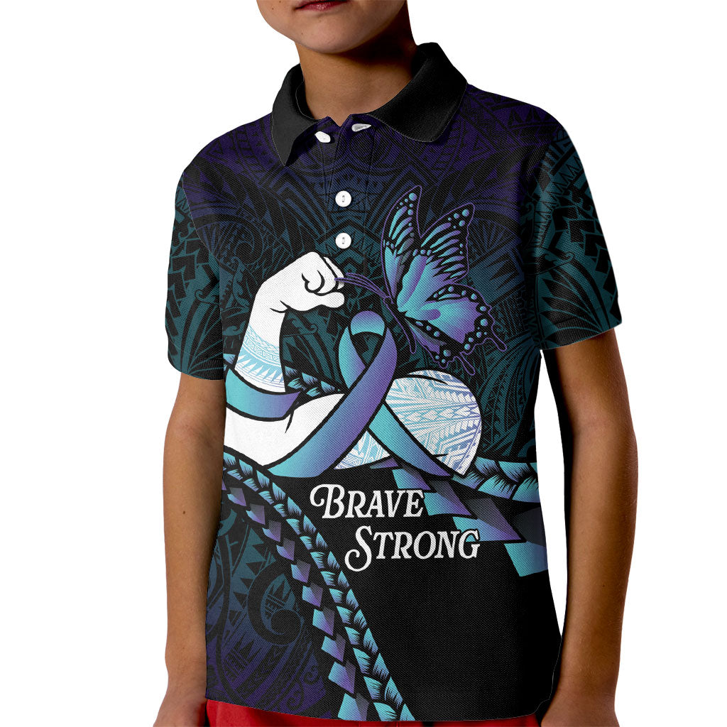 Personalised Polynesia Suicide Prevention Month Kid Polo Shirt Brave Strong Butterfly Teal Purple Ribbon