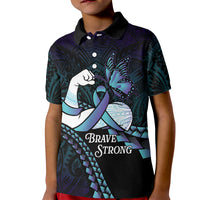 Personalised Polynesia Suicide Prevention Month Kid Polo Shirt Brave Strong Butterfly Teal Purple Ribbon