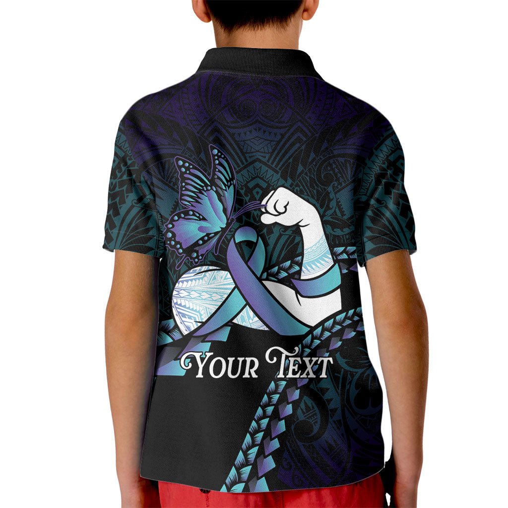 Personalised Polynesia Suicide Prevention Month Kid Polo Shirt Brave Strong Butterfly Teal Purple Ribbon
