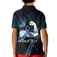 Personalised Polynesia Suicide Prevention Month Kid Polo Shirt Brave Strong Butterfly Teal Purple Ribbon