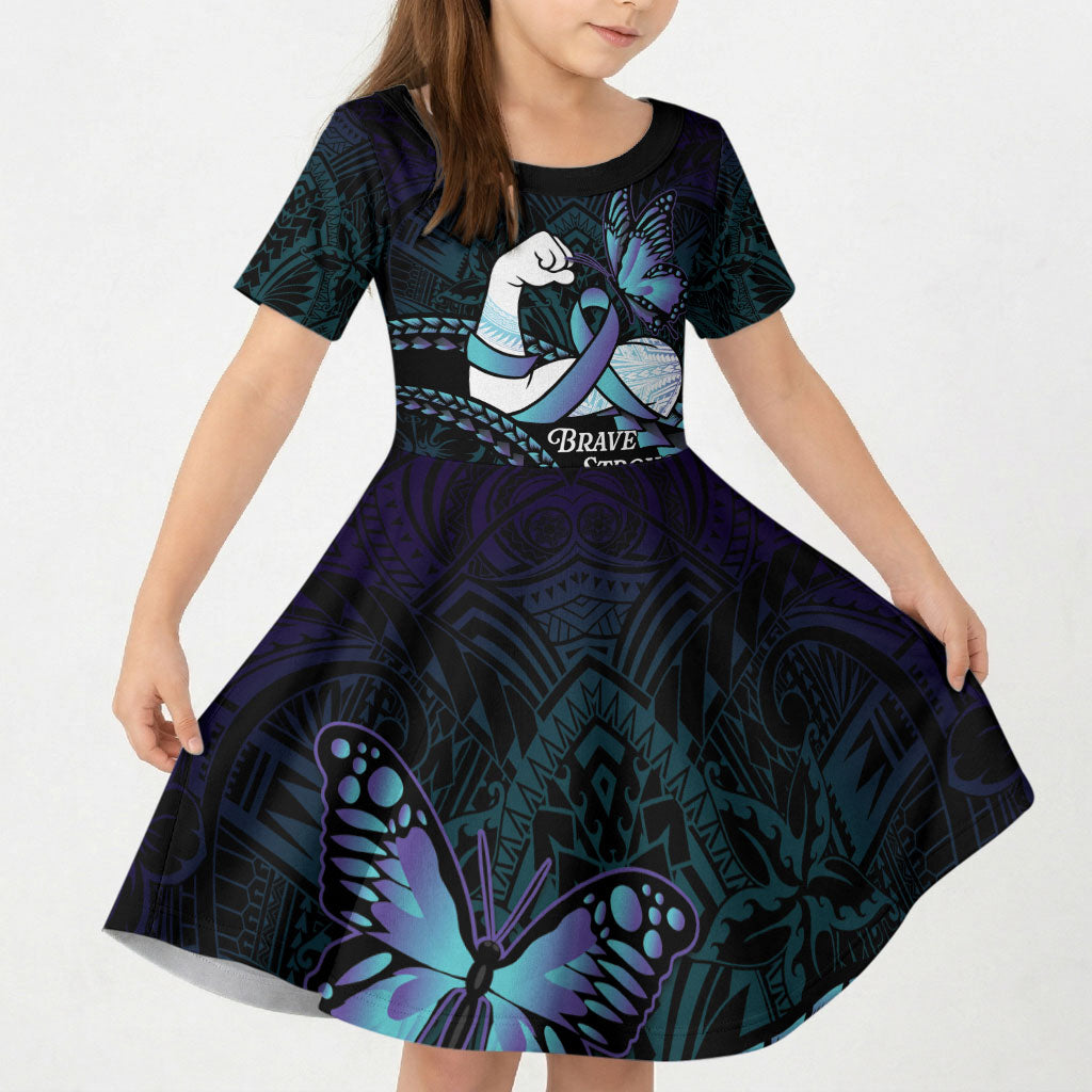 Personalised Polynesia Suicide Prevention Month Kid Short Sleeve Dress Brave Strong Butterfly Teal Purple Ribbon
