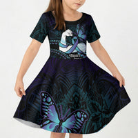 Personalised Polynesia Suicide Prevention Month Kid Short Sleeve Dress Brave Strong Butterfly Teal Purple Ribbon