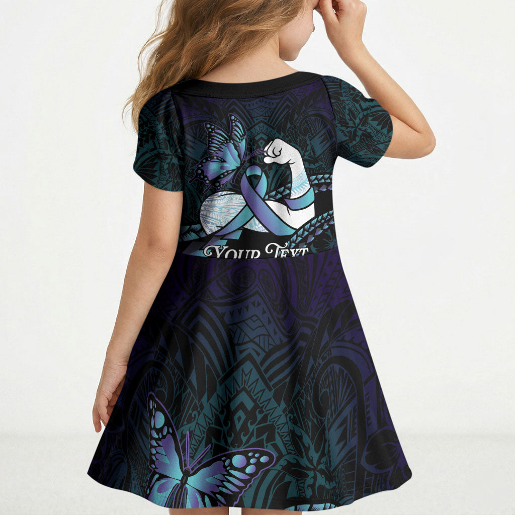 Personalised Polynesia Suicide Prevention Month Kid Short Sleeve Dress Brave Strong Butterfly Teal Purple Ribbon