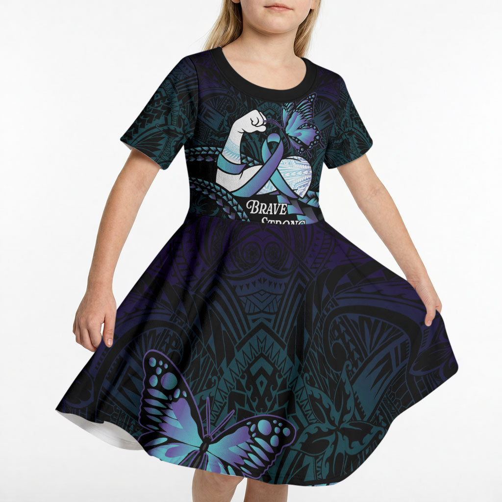 Personalised Polynesia Suicide Prevention Month Kid Short Sleeve Dress Brave Strong Butterfly Teal Purple Ribbon