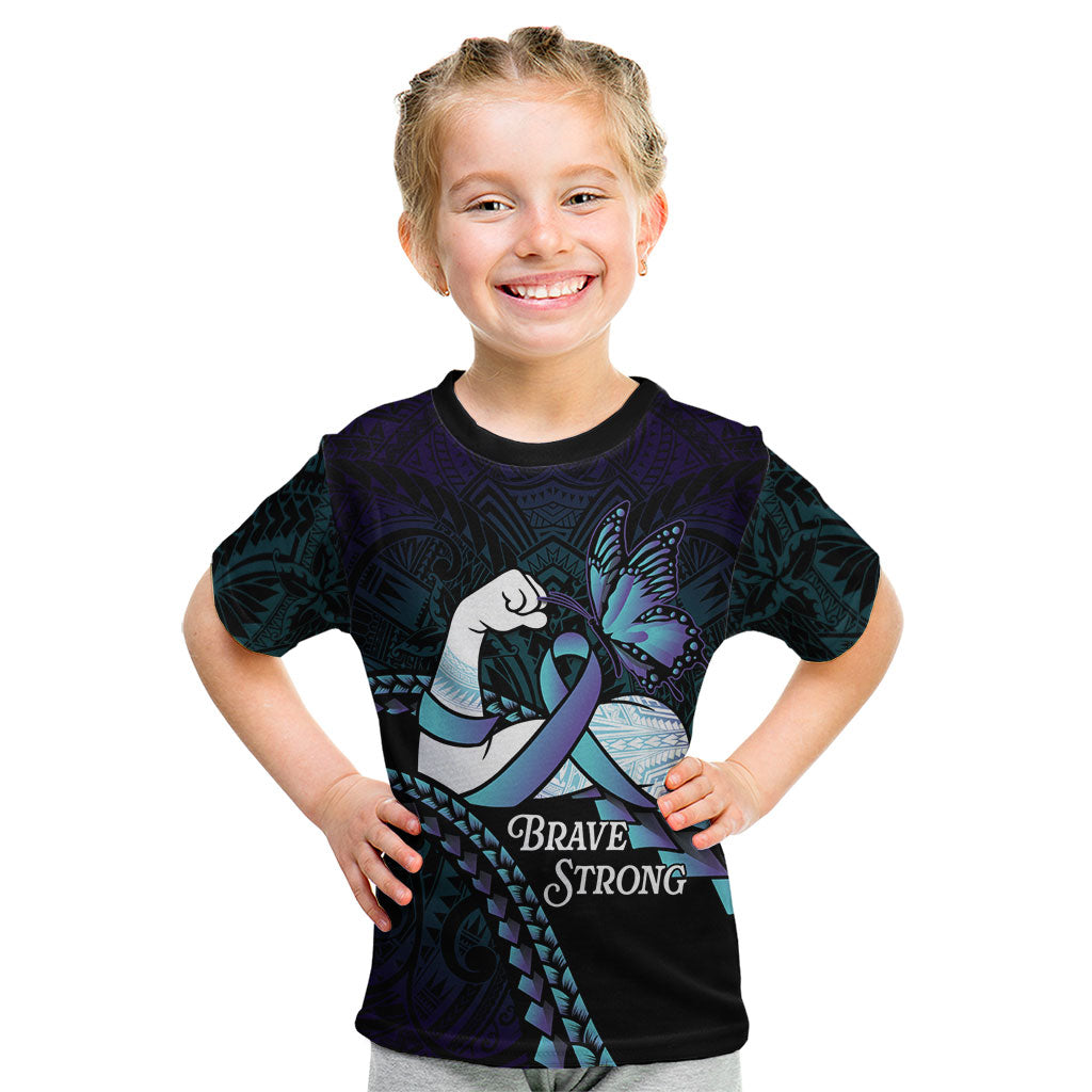 Personalised Polynesia Suicide Prevention Month Kid T Shirt Brave Strong Butterfly Teal Purple Ribbon
