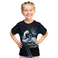 Personalised Polynesia Suicide Prevention Month Kid T Shirt Brave Strong Butterfly Teal Purple Ribbon