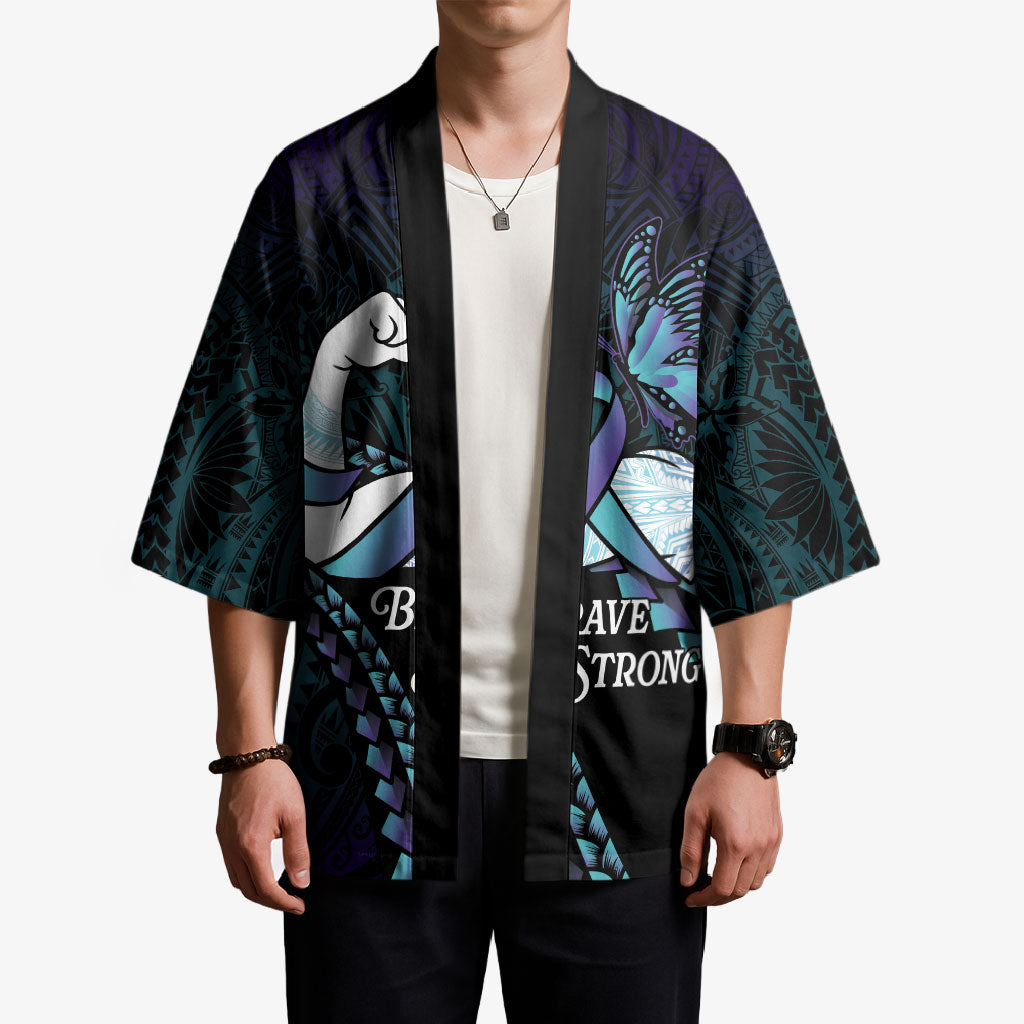 Personalised Polynesia Suicide Prevention Month Kimono Brave Strong Butterfly Teal Purple Ribbon