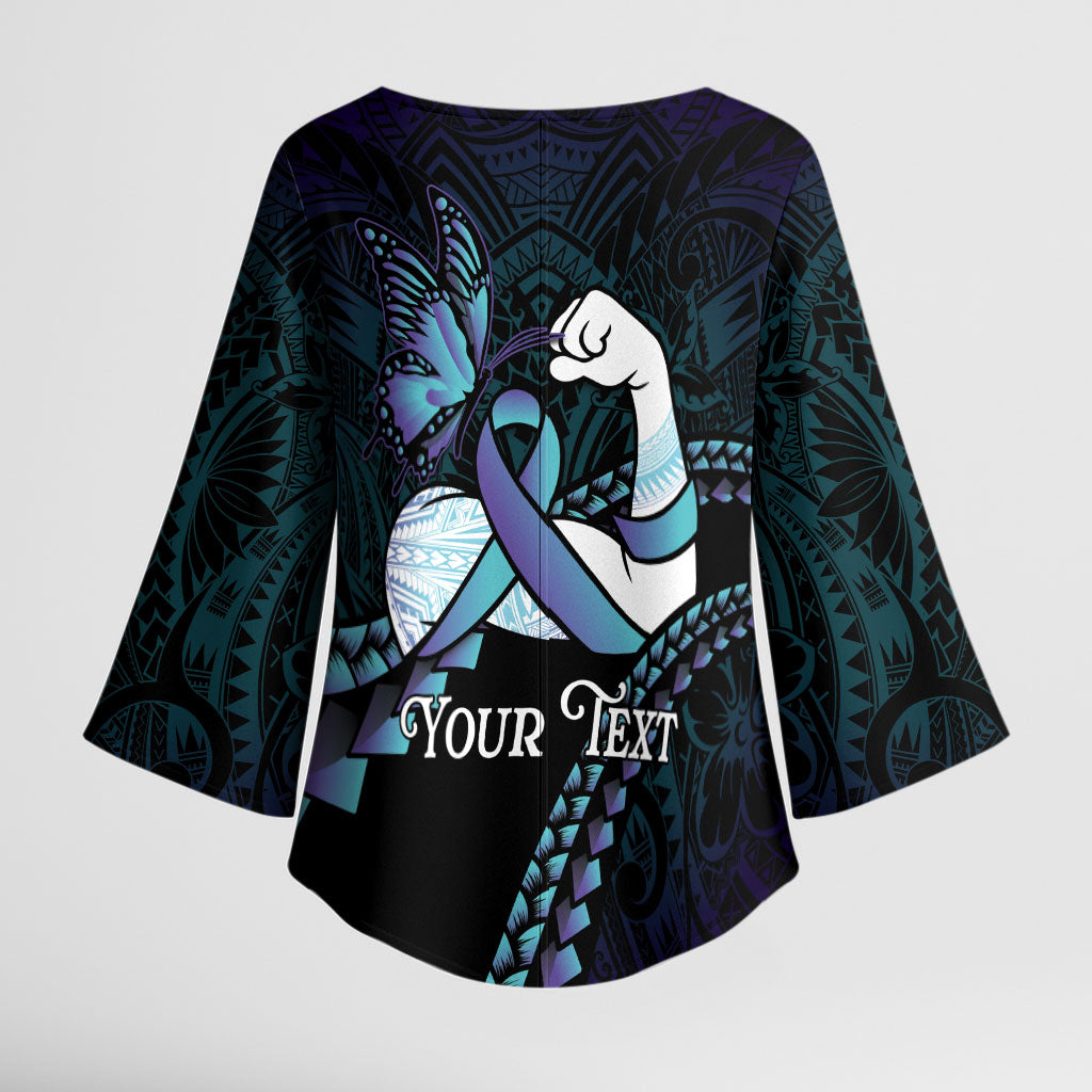 Personalised Polynesia Suicide Prevention Month Kimono Sleeve Blouse Brave Strong Butterfly Teal Purple Ribbon