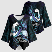 Personalised Polynesia Suicide Prevention Month Kimono Sleeve Blouse Brave Strong Butterfly Teal Purple Ribbon