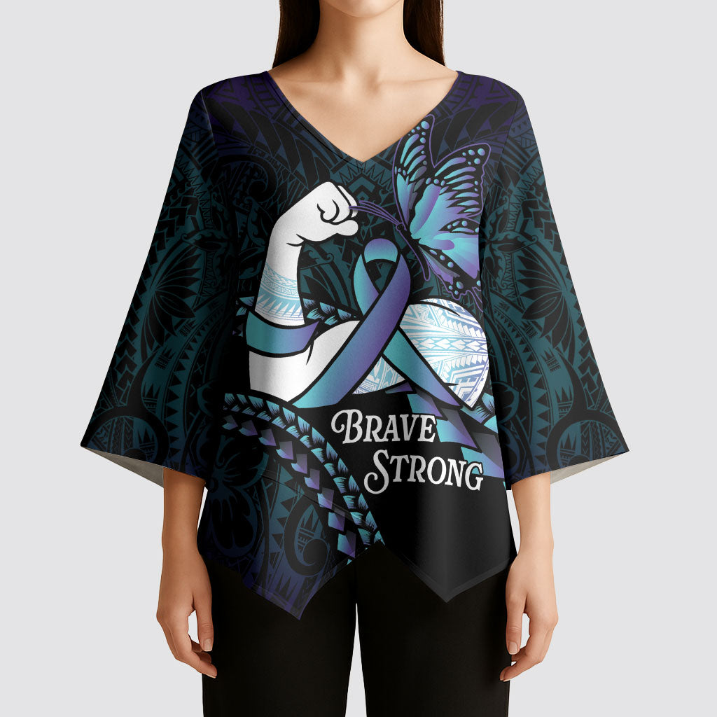 Personalised Polynesia Suicide Prevention Month Kimono Sleeve Blouse Brave Strong Butterfly Teal Purple Ribbon