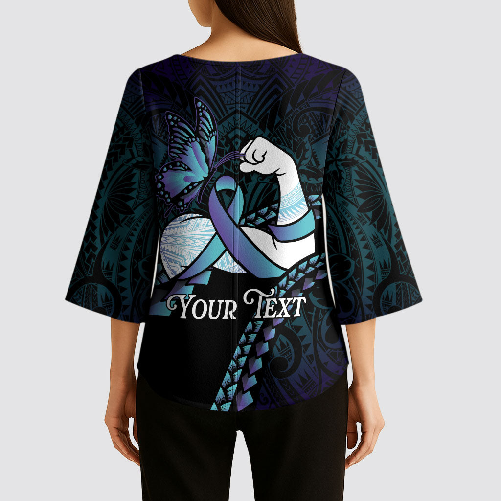 Personalised Polynesia Suicide Prevention Month Kimono Sleeve Blouse Brave Strong Butterfly Teal Purple Ribbon