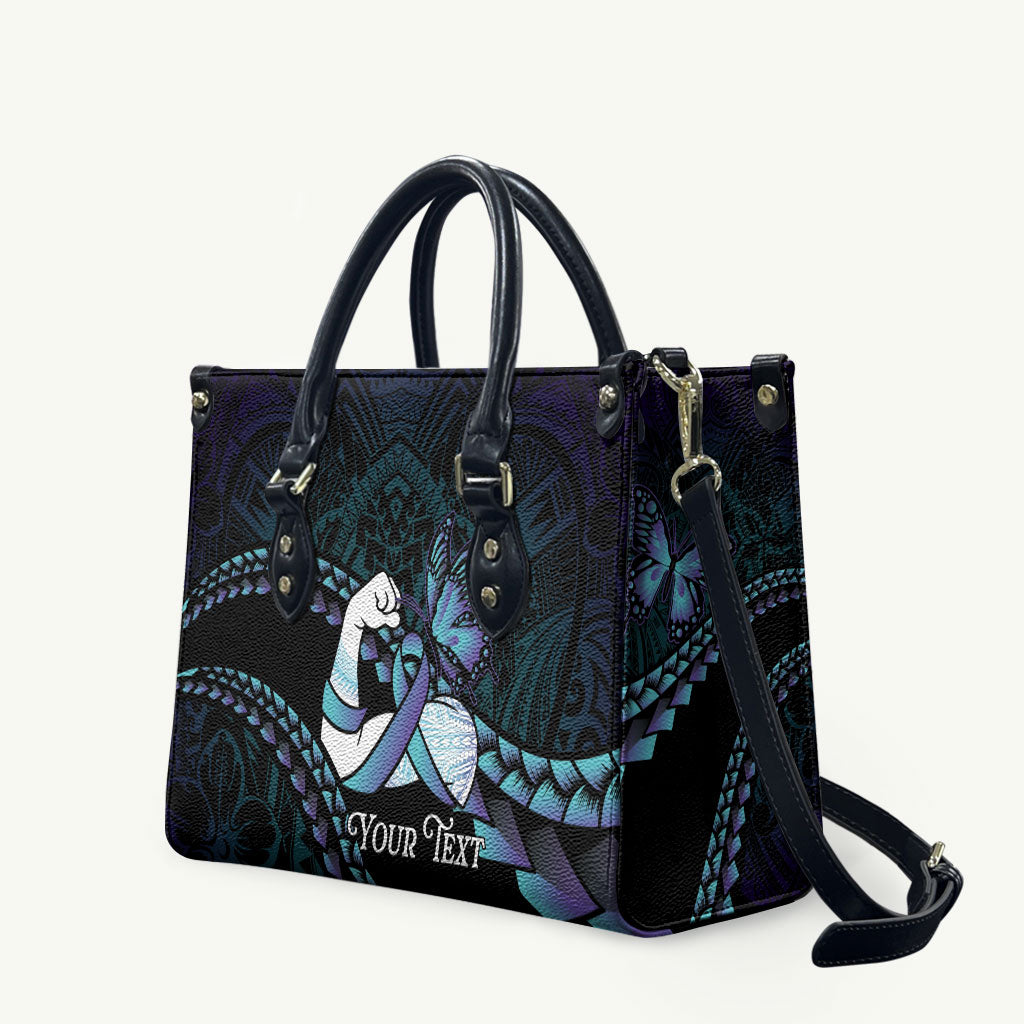 Personalised Polynesia Suicide Prevention Month Leather Bag Brave Strong Butterfly Teal Purple Ribbon