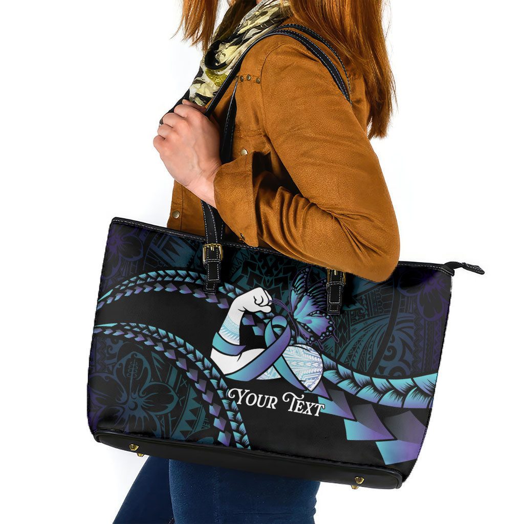 Personalised Polynesia Suicide Prevention Month Leather Tote Bag Brave Strong Butterfly Teal Purple Ribbon