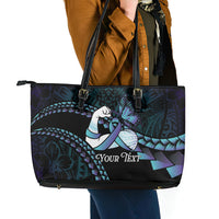 Personalised Polynesia Suicide Prevention Month Leather Tote Bag Brave Strong Butterfly Teal Purple Ribbon