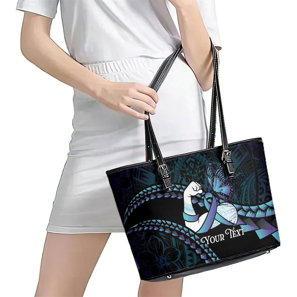 Personalised Polynesia Suicide Prevention Month Leather Tote Bag Brave Strong Butterfly Teal Purple Ribbon