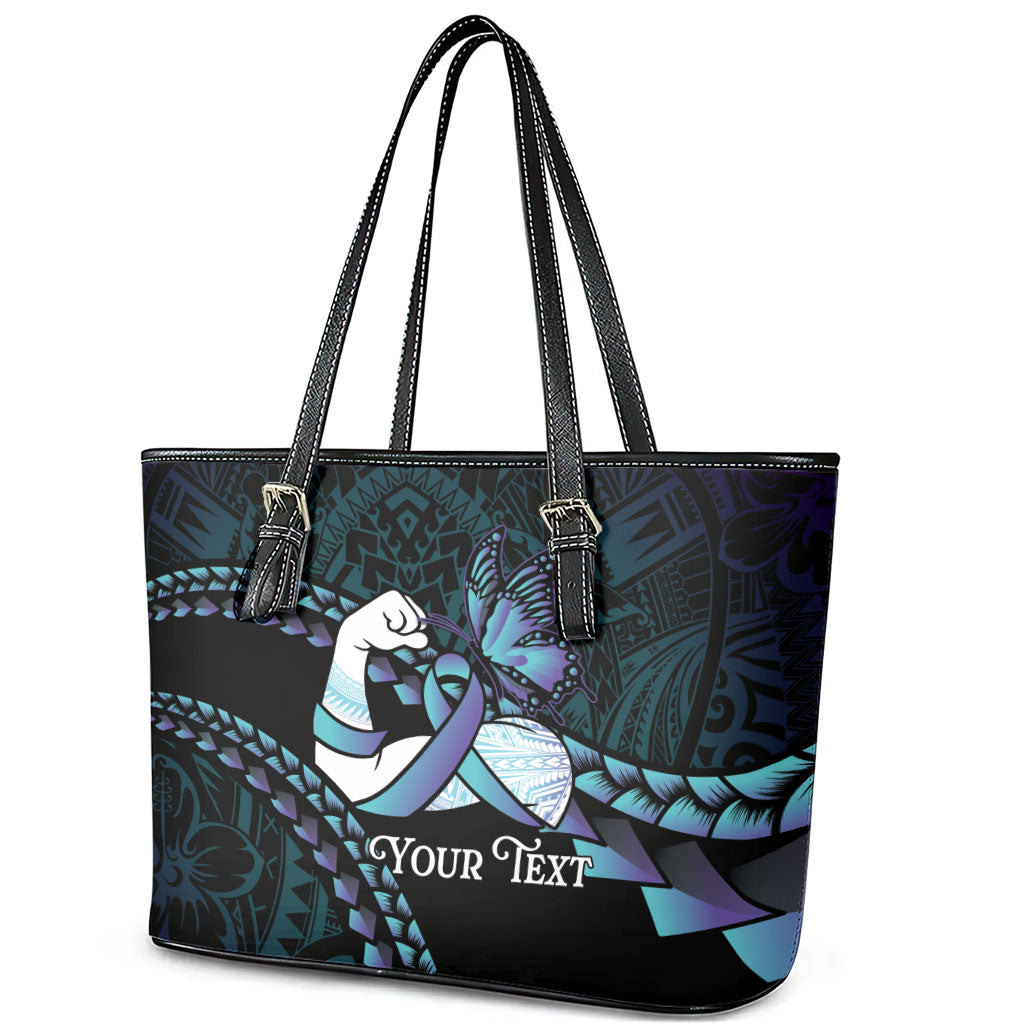 Personalised Polynesia Suicide Prevention Month Leather Tote Bag Brave Strong Butterfly Teal Purple Ribbon