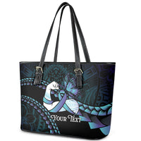 Personalised Polynesia Suicide Prevention Month Leather Tote Bag Brave Strong Butterfly Teal Purple Ribbon