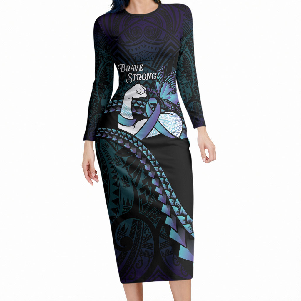 Personalised Polynesia Suicide Prevention Month Long Sleeve Bodycon Dress Brave Strong Butterfly Teal Purple Ribbon