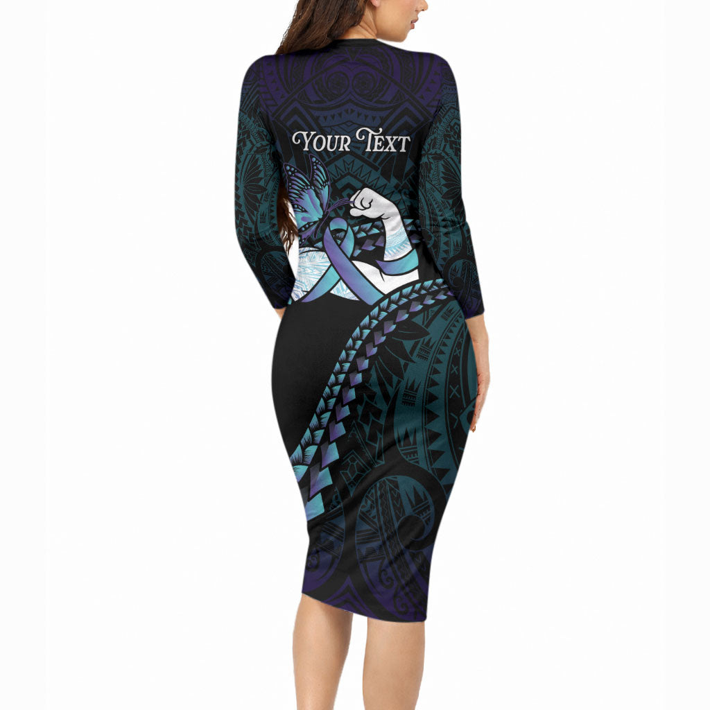 Personalised Polynesia Suicide Prevention Month Long Sleeve Bodycon Dress Brave Strong Butterfly Teal Purple Ribbon