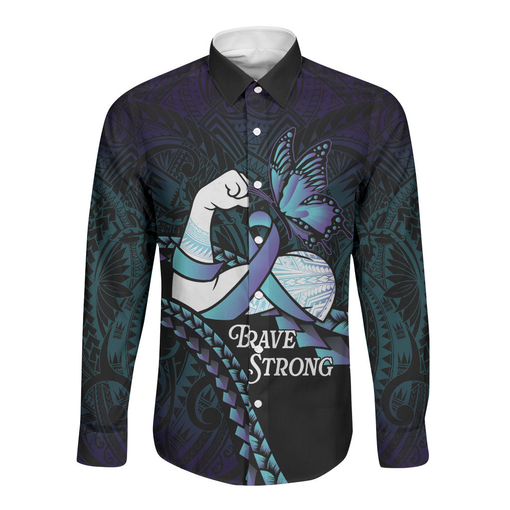 Personalised Polynesia Suicide Prevention Month Long Sleeve Button Shirt Brave Strong Butterfly Teal Purple Ribbon